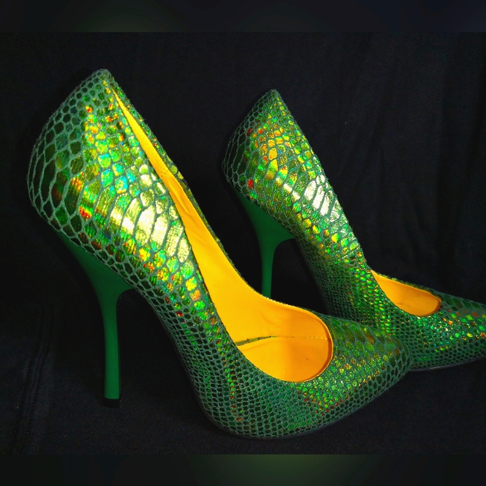 Y2K Green Holographic Snake Skin Heels